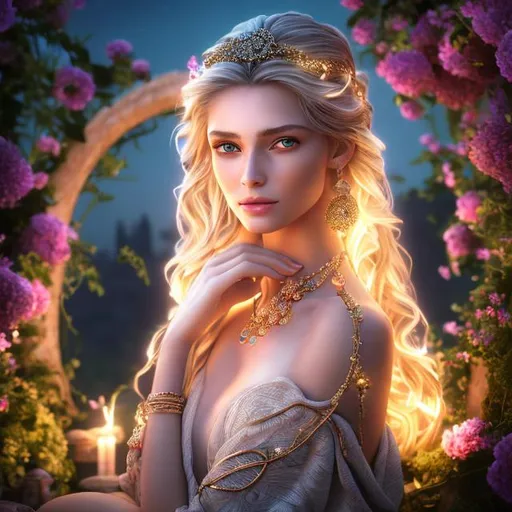Prompt: HD 4k 3D 8k professional modeling photo hyper realistic beautiful petite frail woman ethereal greek goddess of helplessness
blonde hair in spirals brown eyes gorgeous face dark skin shimmering dress with jewelry laurel headpiece full body surrounded by magical glowing  light hd landscape background reclined in garden on chaise surrounded by vases and plants