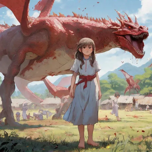 Prompt: barefoot 11 year old girl, dress,  carrying bloody sword, standing under dragon, slaying completely destroyed and defeated dragon, cutting and stabbing soft, big bleeding red belly of standing european dragon rearing up. large wounds on dragons stomach. dragon belly and underbelly are bleeding a lot, many lances in underbelly, much blood on dragons belly, large wounds on dragons stomach, dragons underside red from blood, gaping wounds everywhere, swordhandles on dragons underbelly