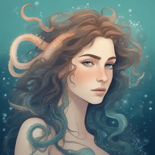 Prompt: A beautiful, enchanting and caucasian Canadian/Irish/French with light freckles woman (a greek goddess of the sea) with magical tentacles for hair in the style of the sea, starfish and seaweed starting confidently profile picture