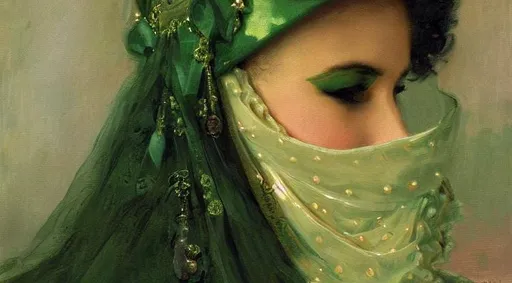 Prompt: portrait of beautiful woman in a dark green designer couture dress and mask, extreme detail, by Maurice Sendak and Ilya Repin, artstation