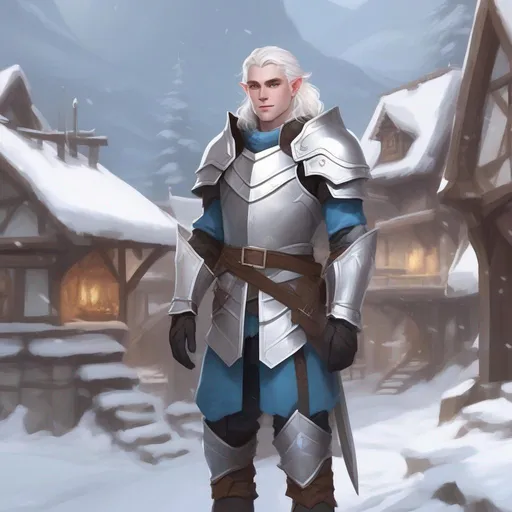 Prompt: DND a cute pale male elf with medium length wavy white hair and pale blue eyes wearing plate armor in a snowy village cute