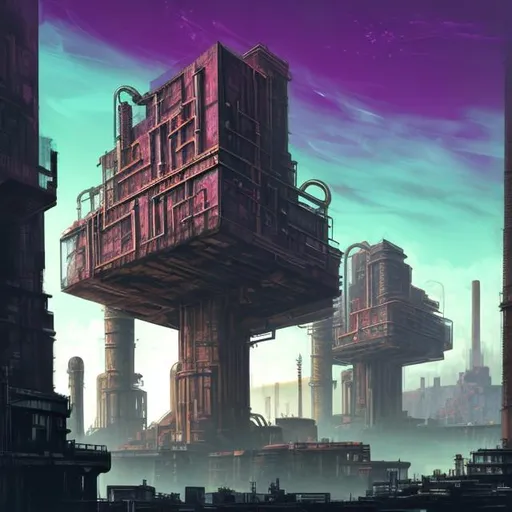 Prompt:  fantasy art style, painting, brutalist architecture, brutalism, brutalist building, pipes, windows, block, cube, industrialisation, industry, power plants, nuclear fusion, concrete, overpopulated, neon lights, green neon lights, purple neon lights, neon sign, pollution, smog, fog