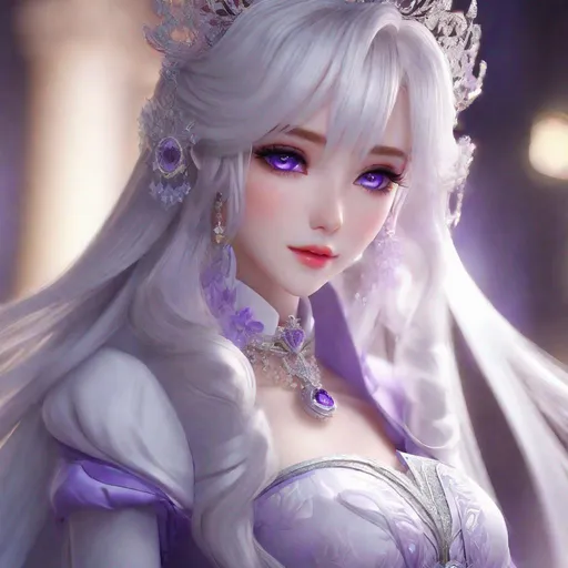 Prompt: 3d anime woman, beautiful, mysterious princess lady,white hair, purple eyes, long hair, soft look, shyly