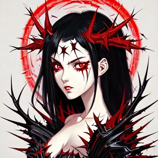 Prompt: A girl with red eyes and black hair. She has a scary glare. She's wearing a thorn crown and a fiery dress,
 anime character, background digital painting, digital illustration, extreme detail, digital art, ultra hd, vintage photography, beautiful, tumblr aesthetic, retro vintage style, hd photography, hyperrealism, extreme long shot, telephoto lens, motion blur, wide angle lens, deep depth of field, warm, anime Character Portrait, Symmetrical, Soft Lighting, Reflective Eyes, Pixar Render, Unreal Engine Cinematic Smooth, Intricate Detail, anime Character Design, Unreal Engine, Beautiful, Tumblr Aesthetic,  Hd Photography, Hyperrealism, Beautiful Watercolor Painting, Realistic, Detailed, Painting By Olga Shvartsur, Svetlana Novikova, Fine Art