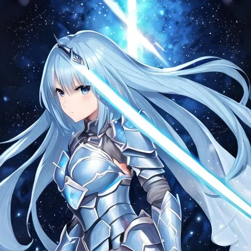 Prompt: girl blue hair light blue armor giant sword galaxy background