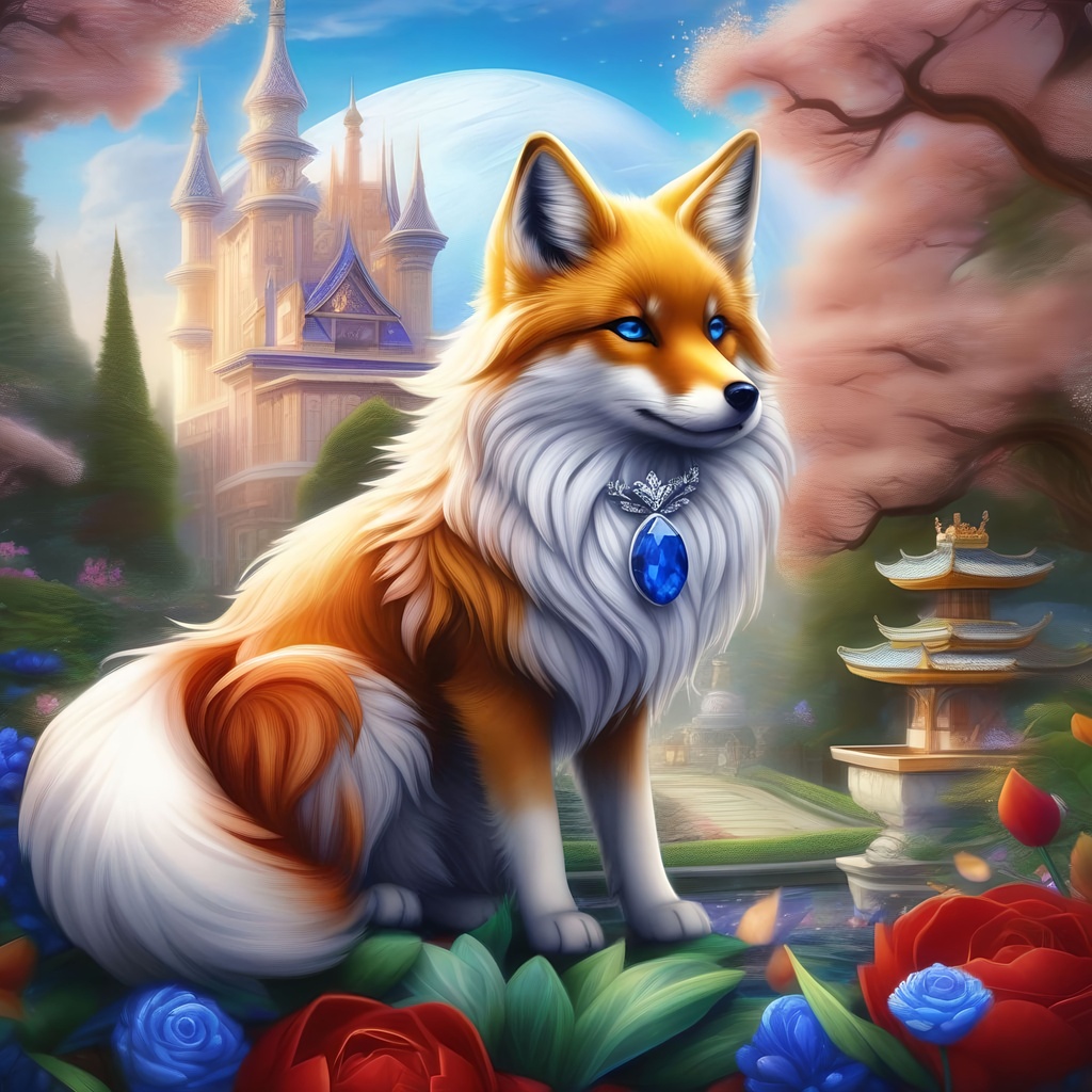 Prompt: A beautiful golden kitsune with sapphire eyes in a fantasy forest