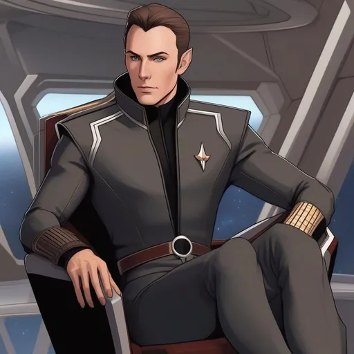 Prompt: a young muscular scifi elf starfleet admiral from vulcan, with short brown slicked back hair and elven pointed ears. pale skin, pointy elvish ears, slanted eyebrows, 35 years old. He wears a 22th century retro futuristic black space coat. grey pants. black boots. in background is a spaceport. he is sitting next to a holographic desk surrounded by petty officials and starship captains in anthracite uniforms. rpg. rpg art. 2d art. 2d. comic art, comics art, very well drawn faces. extremely detailed.