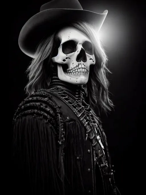 Prompt: Overdetailed Photorealistic Portrait of a Blackened Skeleton Cowboy, Detailed skull Face, White Wispy hair Detailed Hands, Splatters of blood on Duster, Intricately Detailed, Award Winning, Photograph, Film Quality