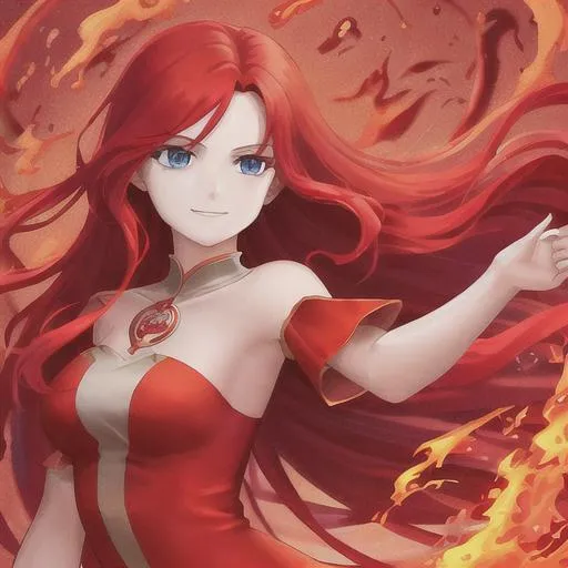 Prompt: woman, red hair, long red hair, fire dress, no sleeves, blue eyes, cute, happy, confident, woman, wavy red hair, long red hair,