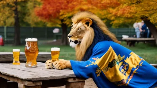 Prompt: smiling lion in a regal royal blue and gold robe drinking from a stein of beer at a picnic table in a beer garden with fall foliage 