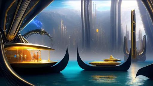 Prompt: the genius gynoid clone-daughter of Maria Futura of Fritz Lang's Metropolis sails her Quantum Gondola across the River Styx, into the maw of the Exotically Packaged Shadow. detailed matte painting, deep color, fantastical, intricate detail, splash screen, complementary colors, fantasy concept art, 8k resolution