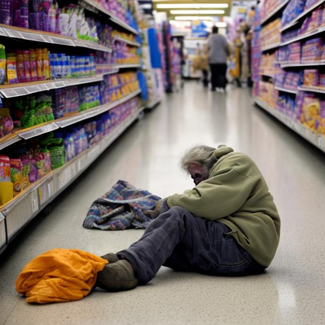 homeless old human sleeping on the floor in wallmart... | OpenArt