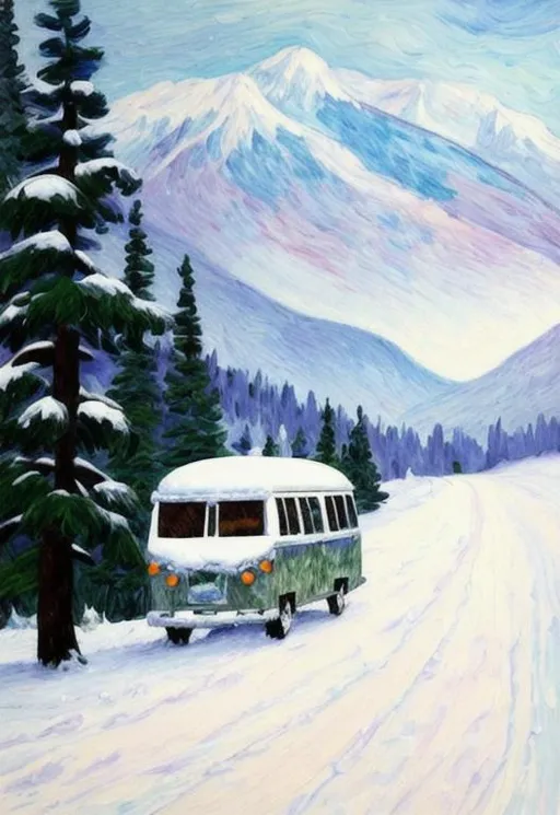 Prompt: A fine art painting of a camper van traveling down a snowy wooded road towards a large mountain vista seen in the background, inspired by van gough, impressionist painting, the camper van has a spare wheel on the back, there are snowboards strapped to the top of the van.