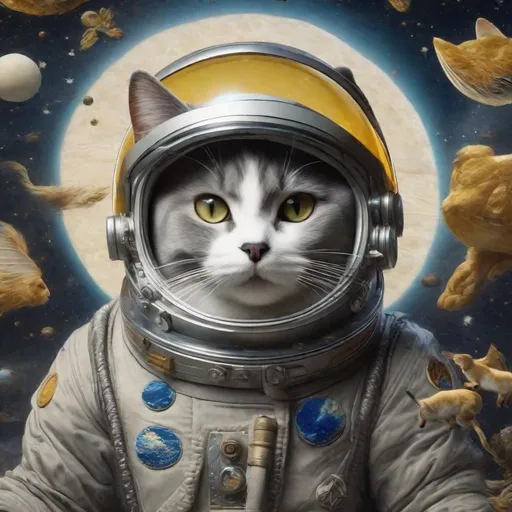 Prompt: 15th Century Japanese art of of a grey cat in a space suit with Floating through empty space chasing butter. Exquisite Detail Everything is perfectly to scale, HD, UHD, 8k Resolution, Vibrant Colorful Award winning 