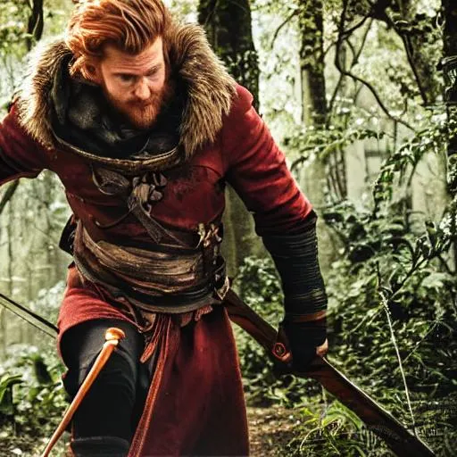 Prompt: a full body portrait, sideways shot, a young man running very fast, looking at the screen, attractive face, face show, dark skinned, ginger hair, small beard, wearing a light tunic, traces of a fox, canine like teeth,  wearing a loose redish garnment, cloak not covering the head, jungle, using a crossbow, background, redish eyes, looking back, fit and muscular, tan, vivid colours, colorful, very high contrast, painted, RPG character, harsh brushes, HD quality