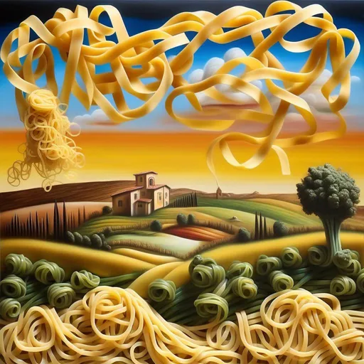 Prompt: a landscape with pasta, surrealistic painting