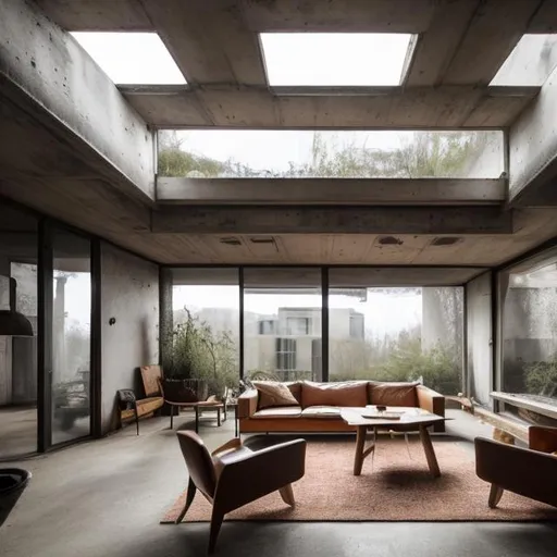 Prompt: cozy brutalist architecture with furniture and lots of natural light 
