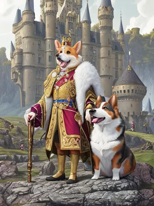 Prompt: a portrait of happy corgi dog dressed a king in halls of a castle louis 16, silk, digtal art, concept art by Simon Stålenhag, fine detail, full of color, intricate detail, golden ratio illustration, realistic hd --ar 16:9 --beta --upbeta