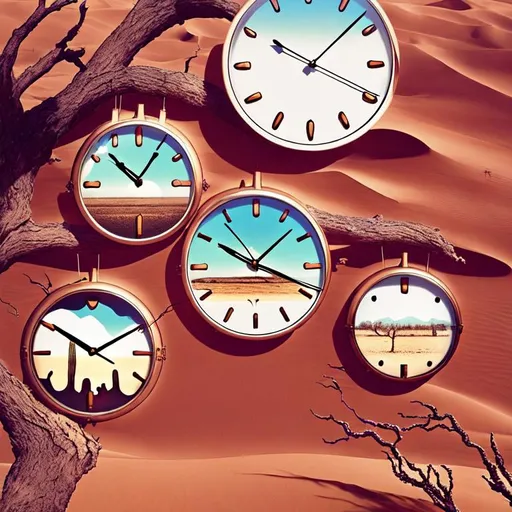 Prompt: Create a stunning composition with "Surrealist Melting Clocks" hanging from a tree and scattered around a desert. Use a golden ratio to add depth to the image. The distorted clocks represent the fluidity of time and memory.