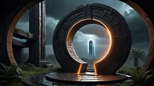 Prompt: magical portal between cities realms worlds kingdoms, circular portal, ring standing on edge, upright ring, freestanding ring, hieroglyphs on ring, complete ring, ancient babylonian architecture, gardens, ruins, turned sideways view, futuristic cyberpunk tech-noir setting, dark night, rain, stormy sky