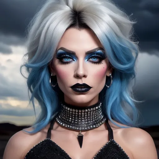 Prompt: Emo 35-year-old drag queen, muscular 
physique, black lipstick, black eyeliner, long eyelashes, blue eyes, studded choker, big lips, long nose, bare shoulders, stormy sky. Masterpiece, perfect face, beautiful, vivid colors, photorealism, portrait