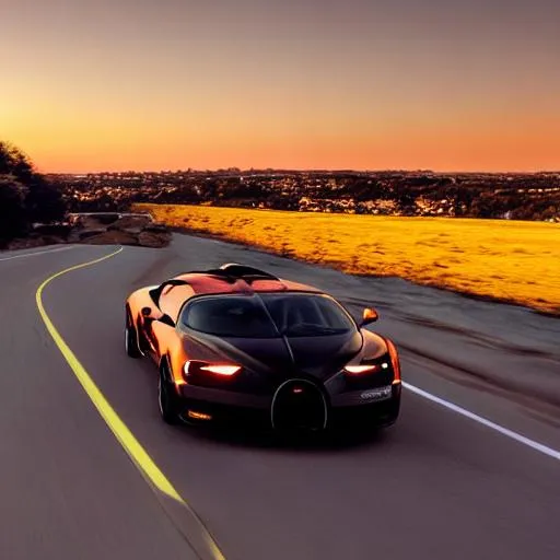 Prompt: Cinematic Bugatti driving sunset drone camera view 