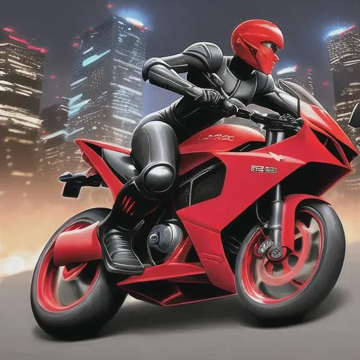Prompt: Futuristic robot, agile, dangerous, red, realistic, exposed mechanics, strong, full body picture, riding motorcycle, in action, skidding