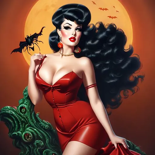 Prompt: Retro pinup style, halloween theme full body portrait by Gil Elvgren, pinup pose, elegant, halloween costume, beautiful mature female, beautiful, digital painting, trends on artstation, concept art, perfect face, symmetrical face, gorgeous hair, absolutely stunning, perfect body, no deformities, Horrifying dark art, portrait full face painting of a rotting, creepy, scary zombie, halloween ultra realistic, concept art, intricate details, eerie, highly detailed, photorealistic, octane render, 8 k, unreal engine. art by artgerm and greg rutkowski and alphonse mucha, filipe pagliuso and justin gerard, fantasy, highly detailed, realistic, intricate, glowing eyes, the void, terrifying darkness, absolute nothingness, by keith thompson and neil blevins, digital horror artwork, 8k zombie halloween theme