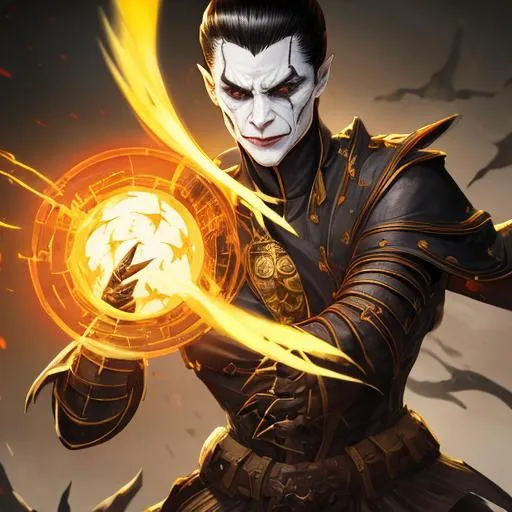 Prompt: full body of middle aged yuan ti warlock  with short, slick back hair, pale white skin, joker like scars,  vertical pupils, yellow eyes, black and red clothes, imp perched on the shoulder, in a dark temple background, D&D setting,  perfect composition, hyperrealistic, super detailed, 8k, high quality, trending art, trending on artstation, sharp focus, studio photo, intricate details, highly detailed, by frank frazetta

