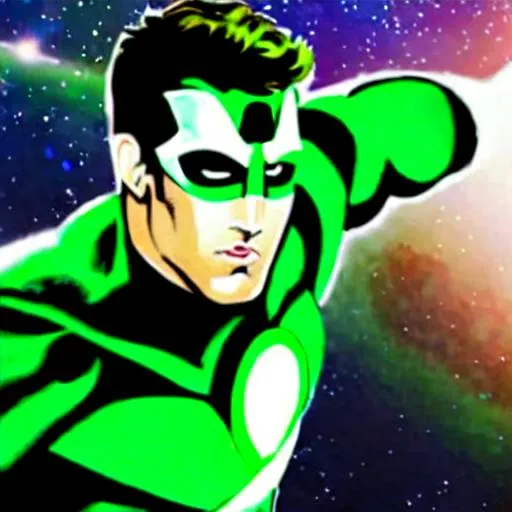 Prompt: Hal Jordan Ryan Reynolds Inspired, Green-Glowing-Cape floating in deep outer-space 