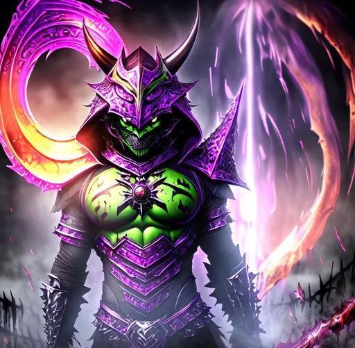 Prompt: Horror, Scary, Ominous, Sinister, freeform dark chaos epic bold, 3D, HD, {one}({liquid metal {Man}Frog dressed in Barbarian outfit} with {purple gold pink green red silver blood}ink), expansive psychedelic background --s99500