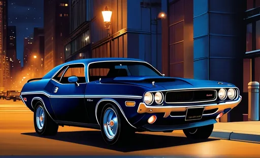 Prompt: A dark blue 1971 Dodge Challenger parked on the shoulder of a Chicago street on a friday evening. (illustrated), (vintage), busy night, (3/4th view), people, (night), street lights