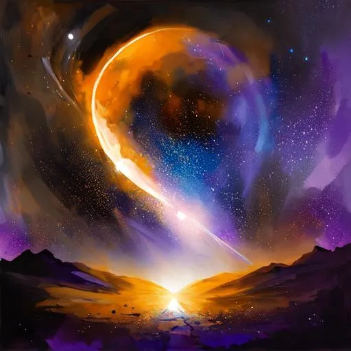 Prompt: artwork of star falling on a desert, dark sky, nebula and stars in the background on horizon.
Beautiful painting. 