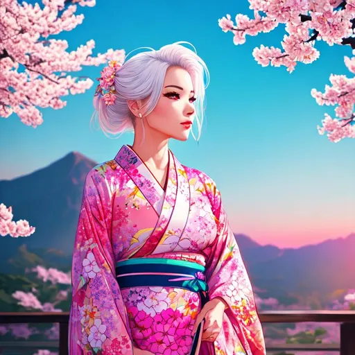 Prompt: draw me a beautiful girl wearing a floral kimono looking off at the sunrise. retrowave aesthetic, white hair, colorful, sakura flowers, high resolution background,