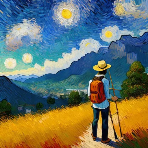 Prompt: A well-dressed man [Flamboyant Clothing, Straw Hat, thick beard], holding a staff, with large backpack. wandering in the mountains, a wooden cabin in the distance. peaceful atmosphere. Character art by Lena Hades. background by Vincent Van Gogh {Sky painted by Vincent Van Gogh}. Background by Bob Ross {Mountain painted by Bob Ross}.