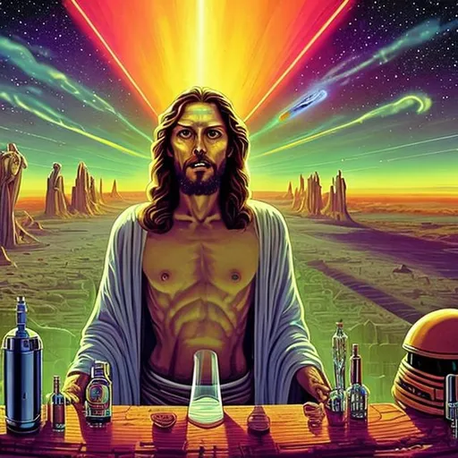Prompt: widescreen, photo, painting, longshot, wide view, infinity vanishing point, overhead lighting, jesus next to an alien jesus smoking a clear crystal bong at the bar, in an exotic space cantina, vibrant galaxy landscape background, surprise me