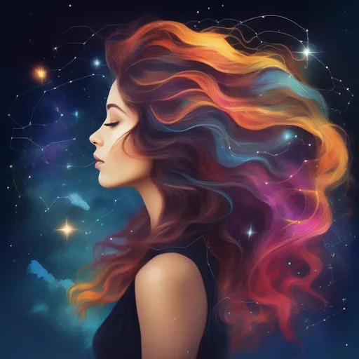 Prompt: A beautiful, mysterious and vibrantly colourful woman with magical hair themed after constellations in a painted profile picture