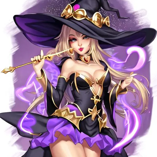 Prompt: Butiful witch with a magic wand and gold lips