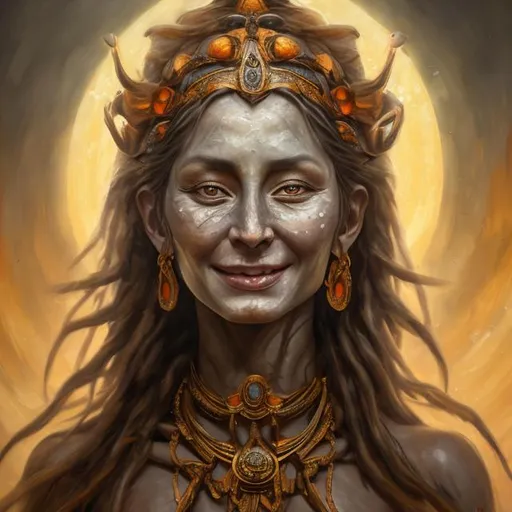 Prompt: famine as  a young and beautiful grinning female Caucasian goddess with yellow/orange colors
realistic dark oil painting, 8k, many details