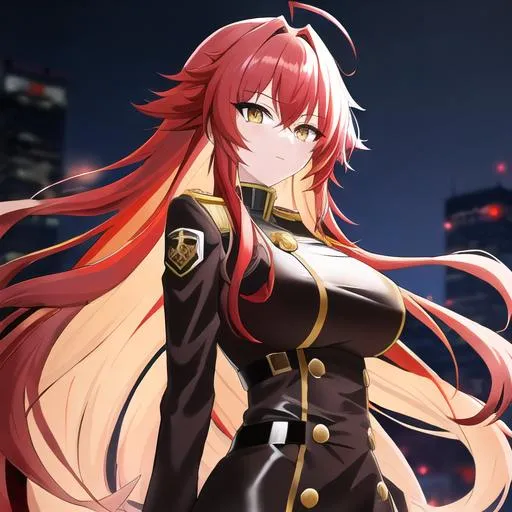 Prompt: Anime cityscape, messy long hair, red hair, lengthy thin hair by the sides of her face, hair intakes, 1 Ahoge, golden yellow eyes, gorgeous young woman, Milf, wearing a black military uniform dress, cool tones, atmospheric lighting, 

