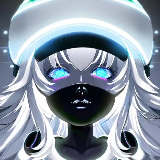 Prompt: 8 years old girl, futuristic, lots of white hair, glowing lights, wearing a helmet, realistic render, black lips.