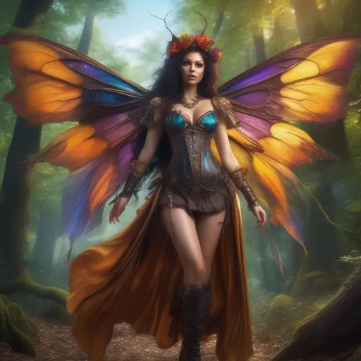 Prompt: Epic. Cinematic. Shes a (colorful), Steam Punk, gothic, witch. spectacular, Winged fairy, with a skimpy, (colorful), gossamer, flowing outfit, standing in a forest by a village. ((Wide angle)). Detailed Illustration. 8k.  Full body in shot. Hyper real painting. Photo real. An (extremely beautiful), shapely, woman with, (anatomically real hands), and (vivid), colorful bright eyes. A (pristine) Halloween night. (Concept style art). 