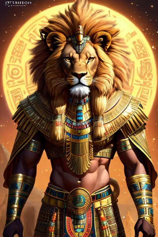 Prompt: oil painting, anthropomorphic lion, male, furry, warrior, ancient egypt, 8k, UHD,   bronze weapons, hieroglyphics art, hyperrealistic, photorealistic, beautiful art, furry art, full body picture, digital art,  hyperperfectionist, muscular, pharaoh, lion head, hyperdetailed full-body of a werelion in battle stance, hyper detailed background, ancient egypt temple inside background, god of egypt