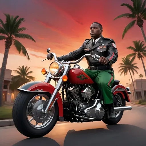 Prompt: A Black man in a black military uniform of 1920's with red, black and green stripes on collar on a Black Harley Davidson Fatboy motorcycle.  With a red, black and green flag