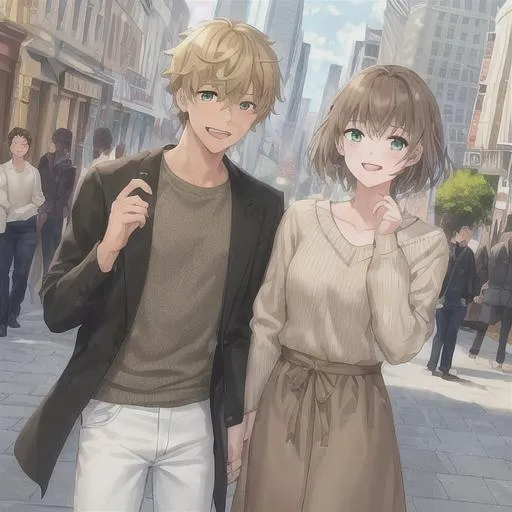 Prompt: 1man, {{{masterpiece, masterful}}}, full body light skin, highres, {light brown hair with dark green highlights},{heterochromia, light green eyes}, , {short hair}, {{{casual clothes, sweater, jeans}}}, smiling laughing, city background, 