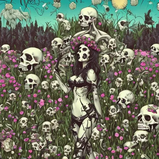 Prompt: a field full of skulls and flowers and lady death happy on it