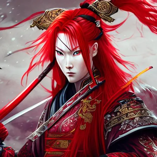 Prompt: Red-haired beautiful samurai with a katana emanating a red aura, fantasy, highly detailed red sparkling glowing eyes, intricate, wearing martial artist related clothing, highly-detailed, large landscape, mechanics, dramatic lighting, gorgeous face, lifelike, stunning, anime woman face, long luxurious red hair, digital painting, large, artstation, illustration, concept art, smooth, sharp focus, highly detailed painting, looking at viewer, portrait, photography, detailed skin, realistic, photo-realistic, 8k, highly detailed, full length frame, High detail, full body art