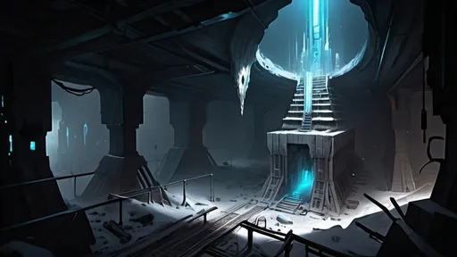 Prompt: very dark, complete darkness, mostly dark, huge underground cavern, colossal statues, ruins of a frosty fantasy city in a vast irregular crater, sewer, aerial view, view from above, top-down view, abandoned laboratory, thick pylons, blackened wreckage, scattered debris, dead trees, snowy, frozen, icy, icicles, ice, large obelisks, humanoid statuary, archways, eerie green lights, glowing blue sconces, ancient aztec architecture, polygonal buildings, curved paths, curved roads, curved walls, polygonal shapes, shattered domes, broken buildings, crumbled buildings, broken aqueducts, cold lighting, city lights, magical lighting, fantasy lighting, hyper realistic, highly detailed, somber mood, desolation of cybertron, exposed floors, exposed rooms, bent metal struts, exposed rebar, exposed wiring, exposed sewer system, futuristic cyberpunk tech-noir setting, robotic city, interconnected buildings, devastated infrastructure, loose wiring, busted pipes, broken spires, multiple levels, gloom, bioluminescent lichen, no vegetation