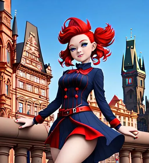 Prompt: Professional splash art, in front of a red-sandstone stone skyscrappers with renaissance Prague architecture, blue skin, gnome girl with a pretty pixie face-shape, red hair shooting up like flames, very large hairstyle, wearing navy-blue with red pinstripes with red accents electropunk, a double slit leg skirt.  She has a carefree playful look on her face.  An electropunk steampunk gauntlet on her hand, very short, electricity arcs from the gauntlet, chaotic magic bursts from her hand, steampunk, electropunk, blue skin, Highly detailed, haversack, mage channeling arcane magic, wizard spellbook, chaotic magical energy in the air.