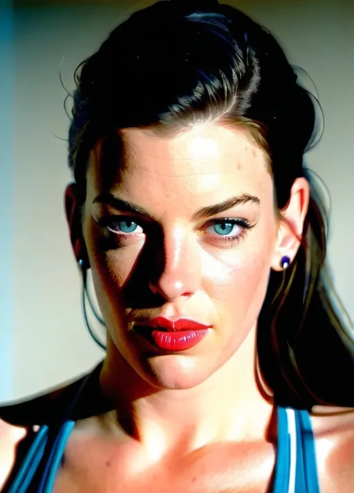 Prompt: Color Oil portrait of Liv Tyler, with a black eye and fat lower lip, stands as a boxer, staring defiantly at viewer.